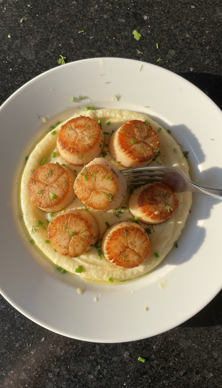 Kräuter Jakobsmuscheln auf Blumenkohlpüree​