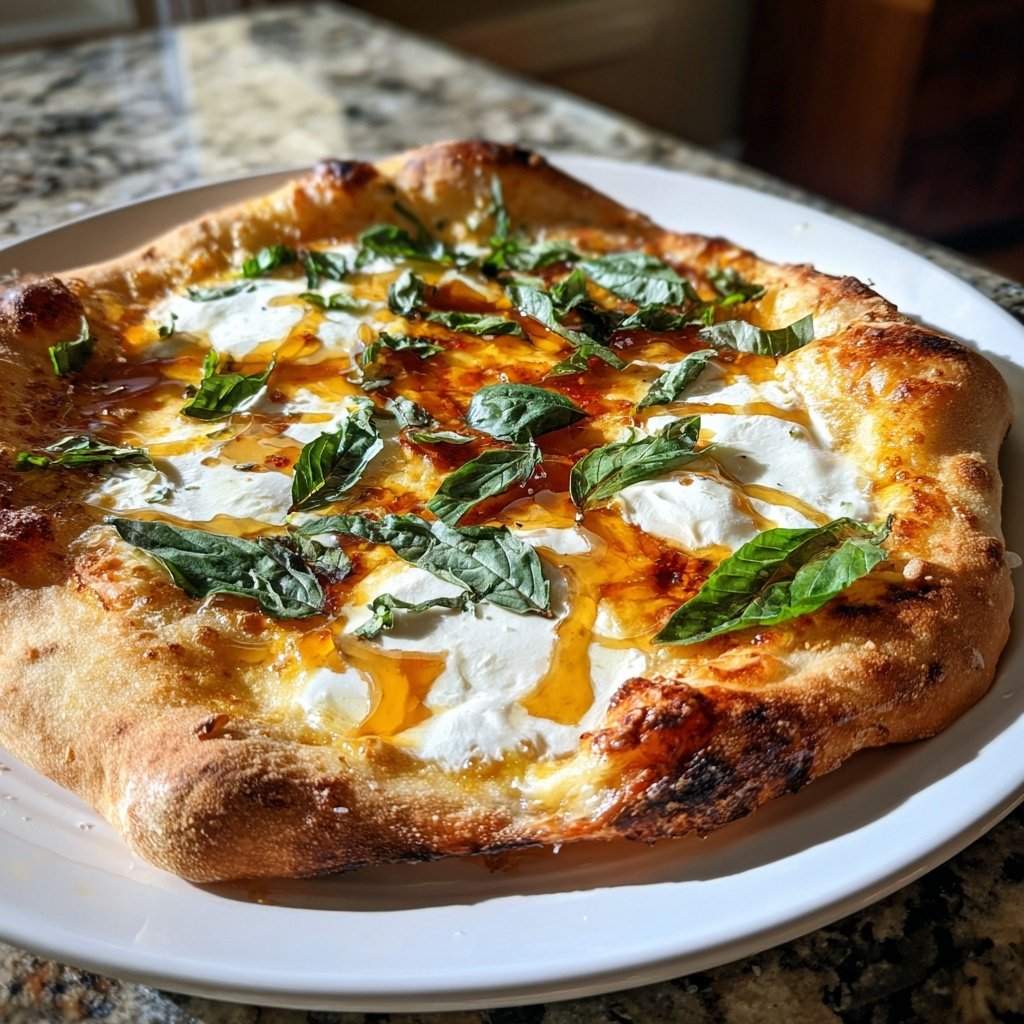 Heißhonig Pizza mit frischem Basilikum